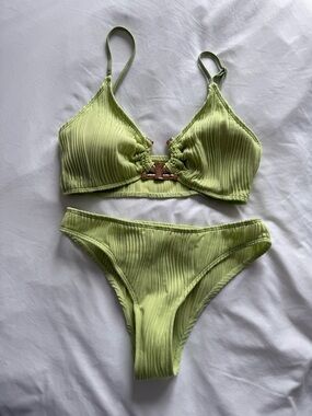Lime Green Ribbed Bikini Set with Gold tone Hardware Detail